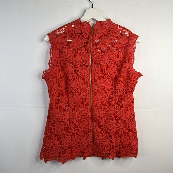 Nanette Lepore Size M Blouse Coral Floral Lace Mock Neck Sleeveless Exposed Zip - Picture 10 of 10